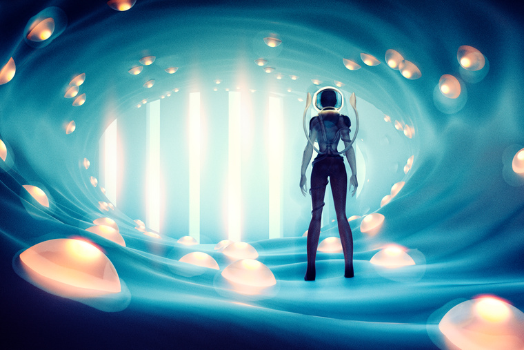 Alien astronaut walking in strange cave